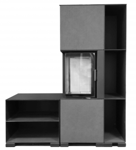 Dizajnový krb MINH, oceľ čierna, ľavé rohové presklenie, bezrámové dvierka, obklad betón antracitový, oceľový vrchný kryt, veľký box, malý box