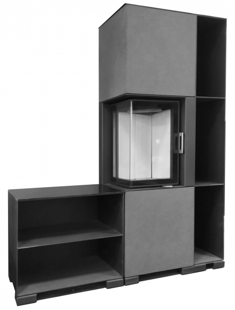 Dizajnový krb MINH, oceľ čierna, ľavé rohové presklenie, bezrámové dvierka, obklad betón antracitový, oceľový vrchný kryt, veľký box, malý box